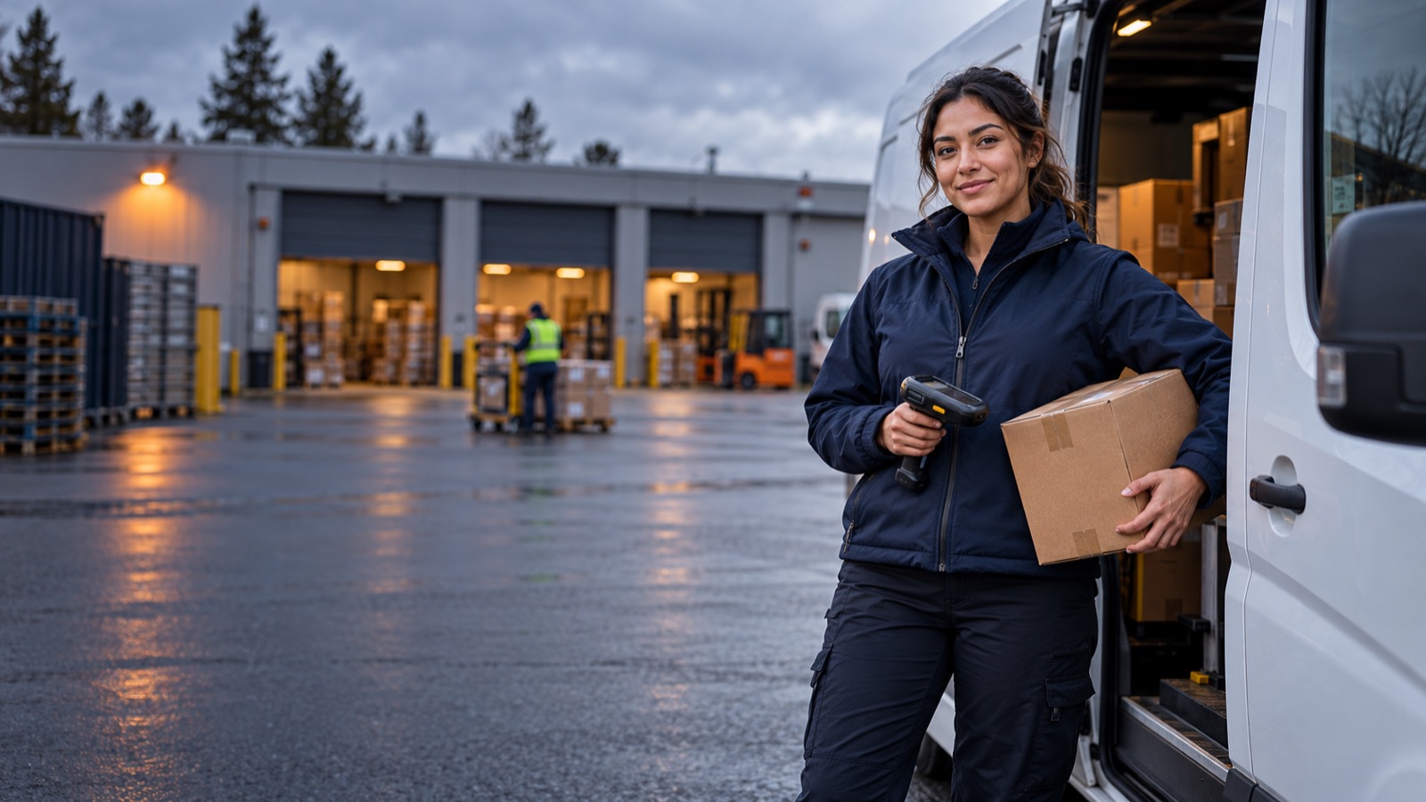 Courier with a parcel and scanner beside a delivery van