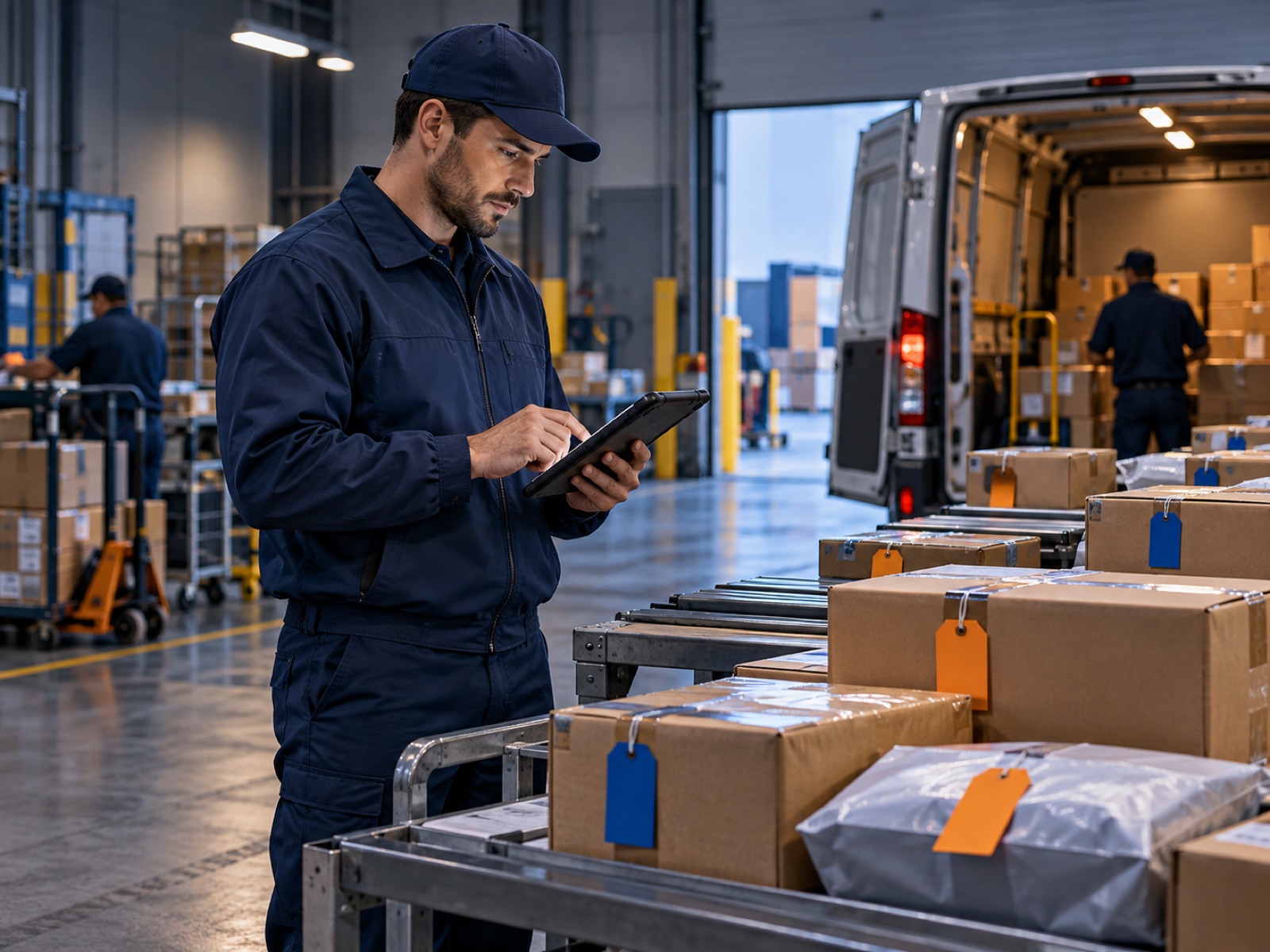 Courier reviewing a planned route beside sorted parcels